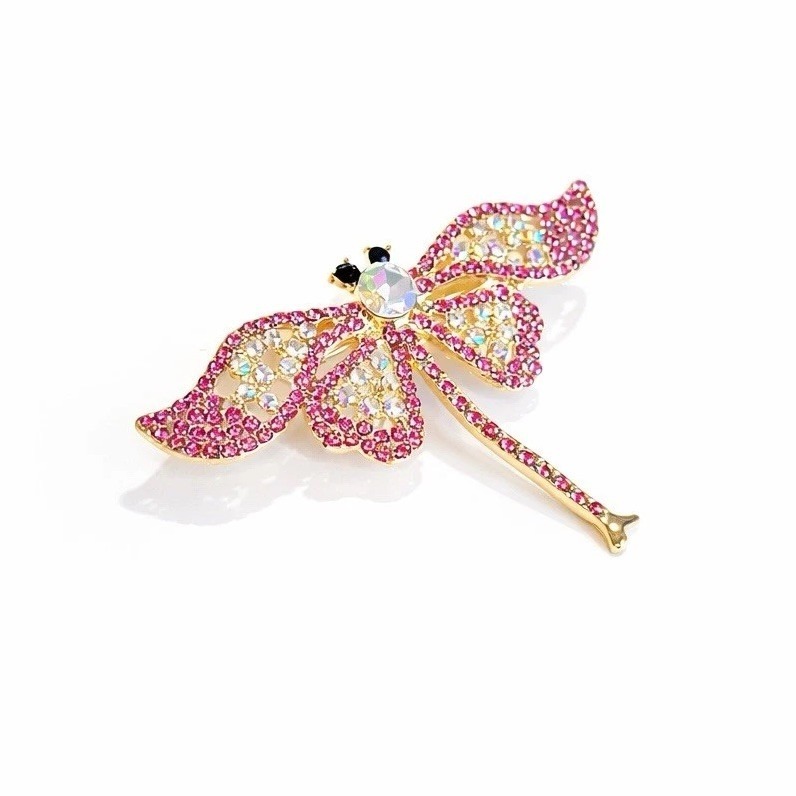 Pink And Silver Rhinestone Dragonfly Brooch Gold Tone Metal Accent Pin 2.25